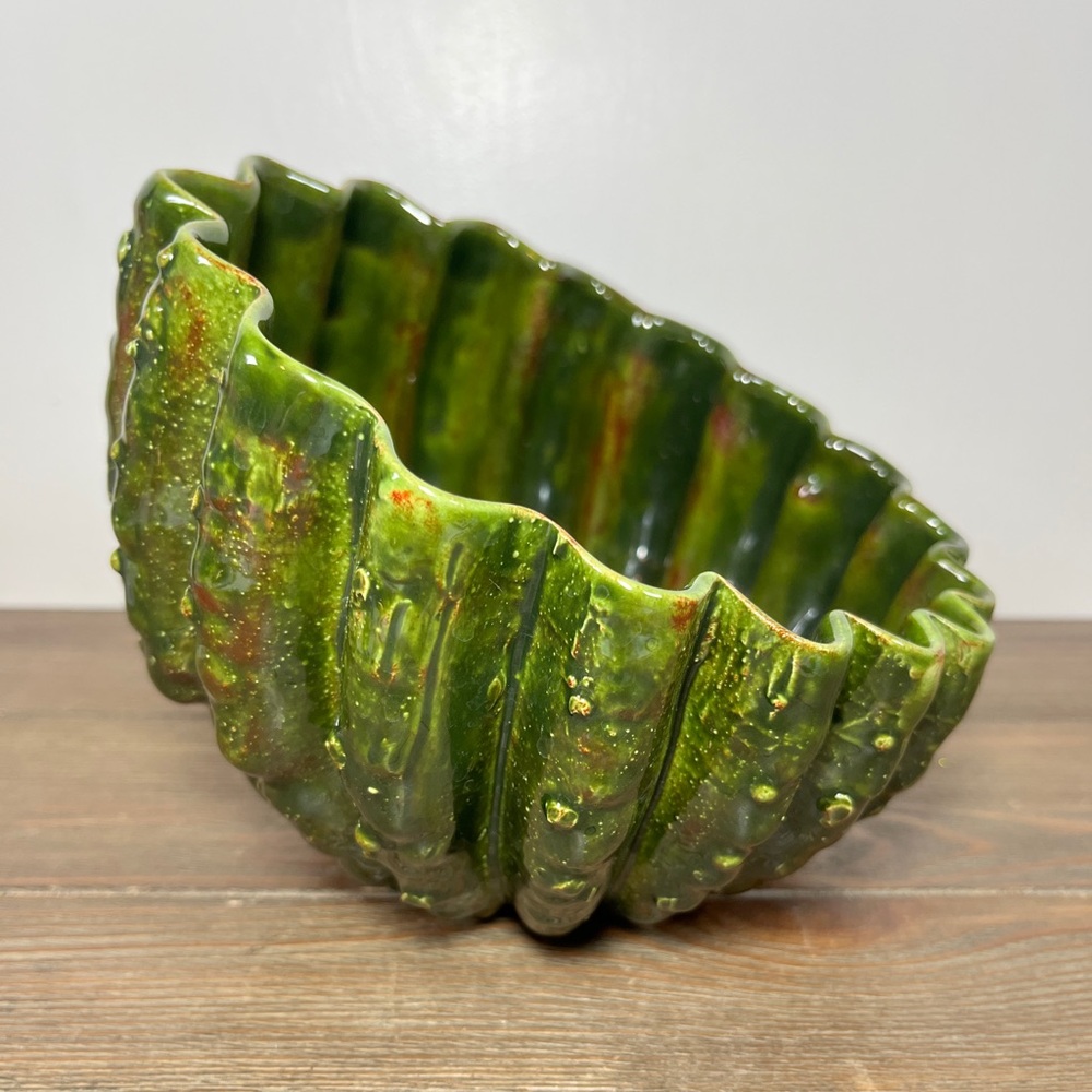 Vintage Handmade Asymmetrical Fluted Pottery Bowl/ Cactus Planter Signed RAK